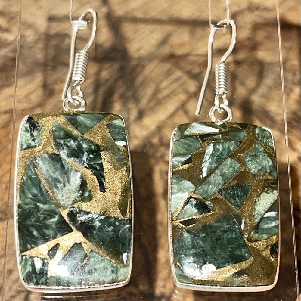 Silver Sheen Seraphinite in Copper Earrings 1 7/8”